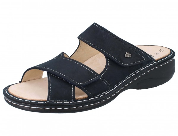 Dunkelblaue Finn Comfort Melrose Damen Pantolette mit zwei Klettriemen und hellen Nähten Wechselfußbett