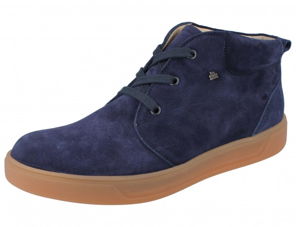 finn comfort herren schnürschuhe knöchelhoch gepolsteter schaftrand velourleder blau braune gummisohle 