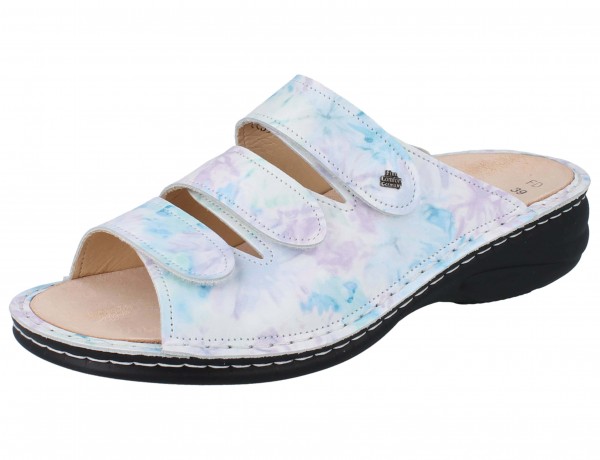 pastell lila und blau weiß gemusterte Finn Comfort Hellas Damen Pantolette mit drei Klettriemen und Wechselfußbett