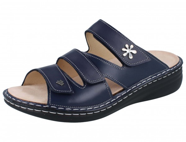 dunkelblaue Finn Comfort Grenada Damen Pantolette mit drei Klettriemen Blumenemblem Glattleder