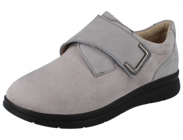 grauer Damen Stretch Klettschuh ein Klettriemen mit Metallschnalle schwarze Sohle Wechselfußbett Hallux