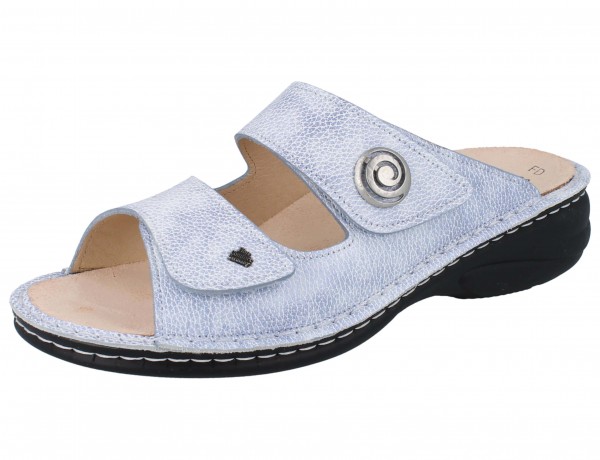 Finn Comfort hellblau metallic schimmernde Damen Pantolette mit zwei Klettriemen und Wechselfußbett