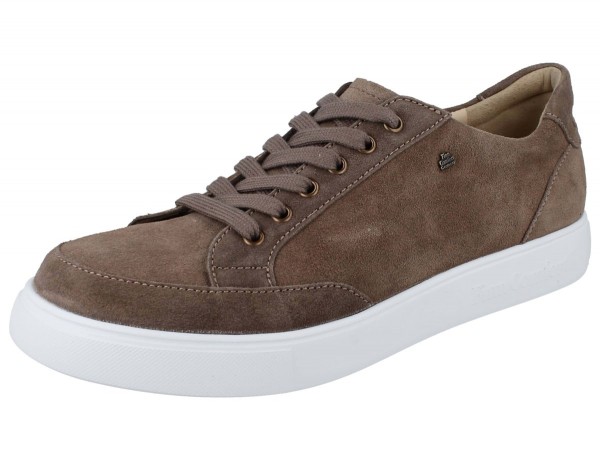 beige-brauner Herrensneaker aus Velourleder mit weißer Sohle und Wechselfußbett