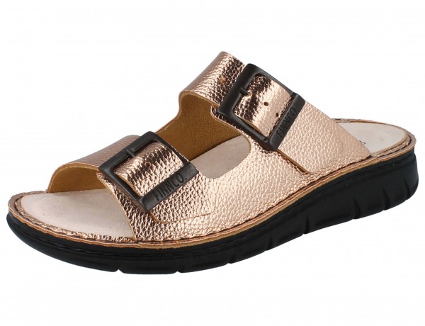 Finn Comfort bronzefarbene glänzende Leder Damen Pantolette mit zwei Schließen und Wechselfußbett