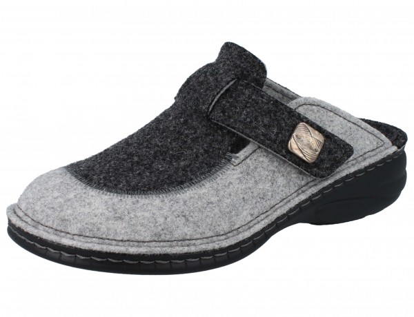 warmer FinnComfort Damenclog aus grauem Wollfilz mit Klettverschluss und Wechselfußbett