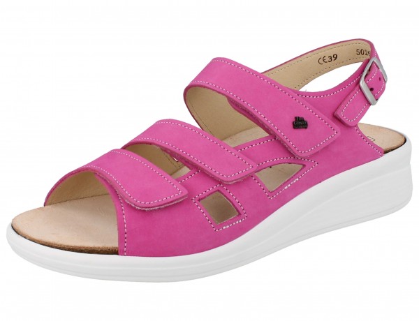 Finn Comfort Damen Sandalette aus knall pinkem Nubukleder mit Klettverschlüssen und Wechselfußbett