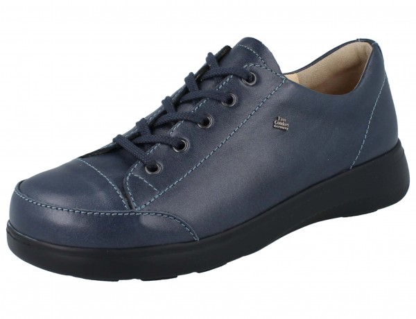 finn comfort dunkelblaue damen schnürhalbschuhe mit schwarzer sohle aus glattleder 