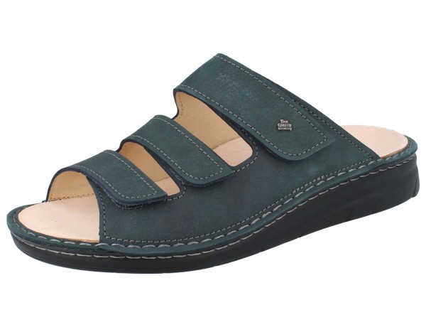 Blau Grüner Finn Comfort Herren Pantolette mit drei Klettlriemen schwarzer Sohle Wechselfußbett Nubukleder