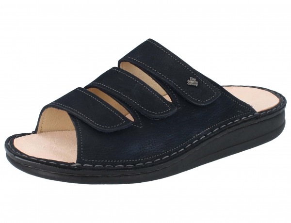 Dunkelblaue Damen Herren Pantolette Finn Comfort drei Klettriemen aus genarbten Nubukleder