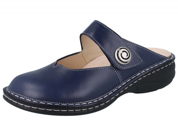 Blauer Finn Comfort Canaro Damen Clog blau Glattleder mit Klettriemen und Metallemblem Wechselfußbett