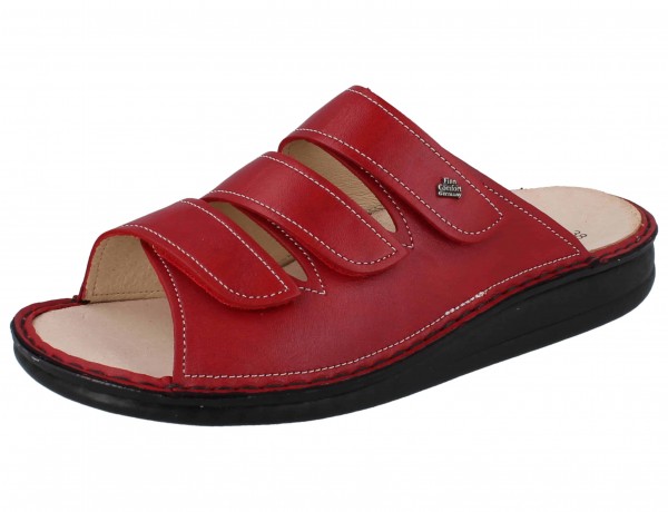 rote Finn Comfort Korfu Damen Pantolette mit hellen Nähten drei Klettriemen und Wechselfußbett