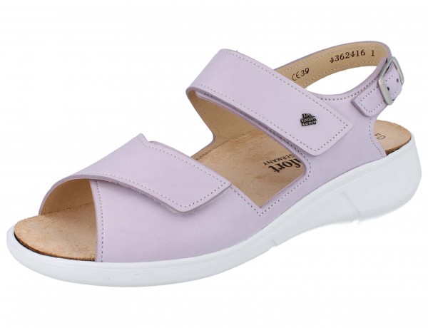 Sommerliche fliederrosefarbige Finn Comfort Anaco Damen Dandale mit weißer Sohle Klettverschluss